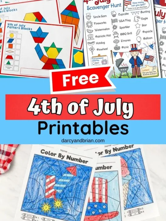 Collage image showing a few different worksheets and activity pages about the Fourth of July.