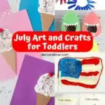 Collage of ice cream, flag, and fireworks crafts as well as playdough and shark color sorting game. All activities for little kids.