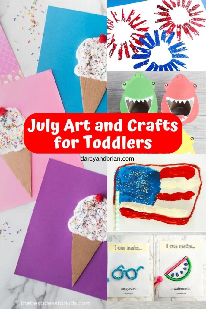 Collage of ice cream, flag, and fireworks crafts as well as playdough and shark color sorting game. All activities for little kids.