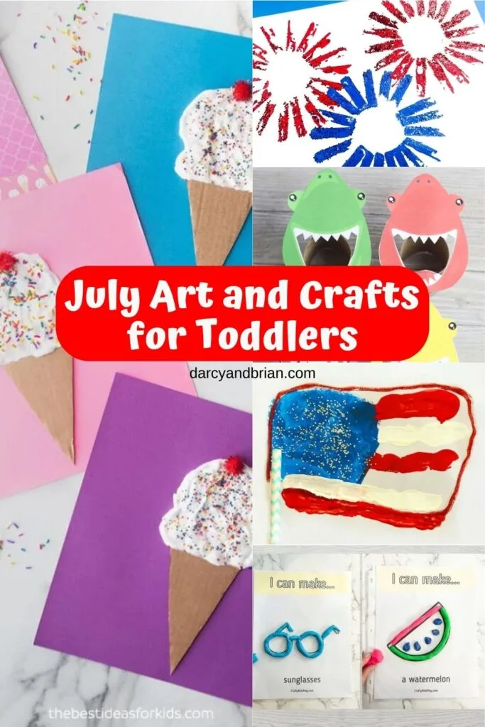 Collage of ice cream, flag, and fireworks crafts as well as playdough and shark color sorting game. All activities for little kids.