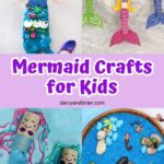 Collage with four different mermaid-themed crafts for kids. Featuring mermaids made out of clothespins and toilet paper tubes, one with a playdough tail, and a mermaid-themed sensory bin.