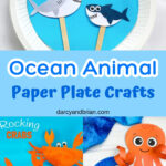 Collage with shark, crab, and octopus crafts made using paper plates.
