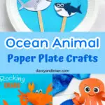 Collage with shark, crab, and octopus crafts made using paper plates.