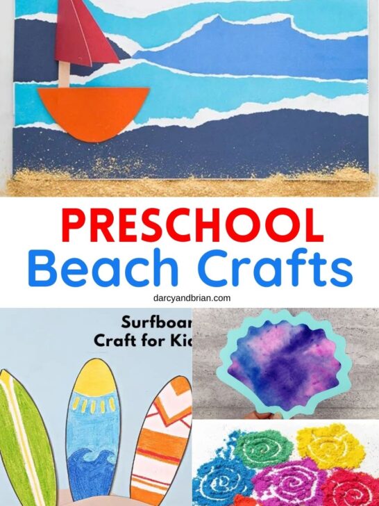 Collage of different beach crafts preschoolers can make such as a sailboat, surfboard, coffee filter seashell, and colored sand.
