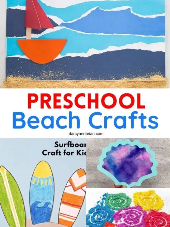 Collage of different beach crafts preschoolers can make such as a sailboat, surfboard, coffee filter seashell, and colored sand.