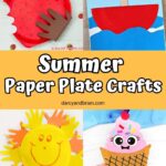 Collage of summer-themed crafts made using paper plates including a strawberry, a sailboat, a sun, and ice cream.
