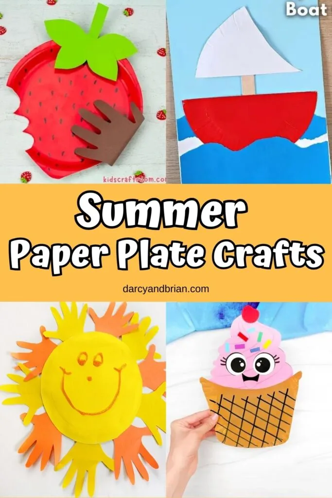 Collage of summer-themed crafts made using paper plates including a strawberry, a sailboat, a sun, and ice cream.