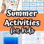 Collage of four different kids' activity ideas for summer: ice cream ispy counting worksheet, ocean charades cards, blue density jar, and popsicle matching game.