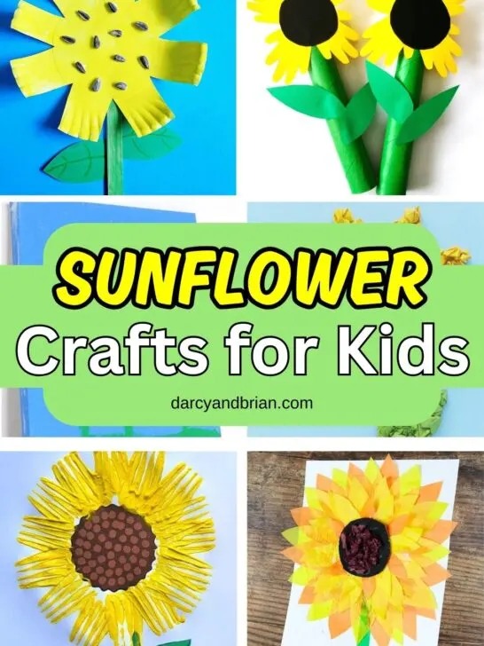 Four different sunflower arts and crafts using paint, paper plates, tissue paper, paper tubes, and more.
