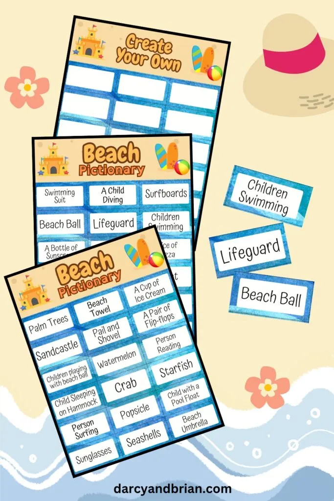 Preview of printable Beach drawing game prompts. Two pages of game cards and one page with blank cards to create your own. Three cards are cut out and next to the pages: children swimming, lifeguard, and beach ball.