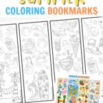Text along the top in yellow, blue, and orange says free printable summer coloring bookmarks. The black and white version to color is angled across the image and a small version of the color version in lower right corner.