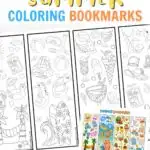 Text along the top in yellow, blue, and orange says free printable summer coloring bookmarks. The black and white version to color is angled across the image and a small version of the color version in lower right corner.