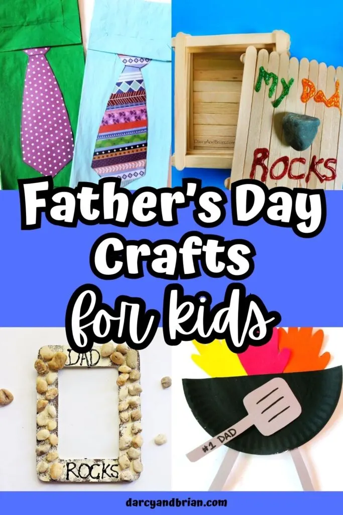 Collage of craft projects featuring a tie, grill, and two different "dad rocks" projects.