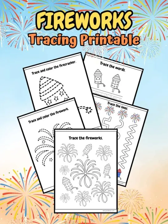 Preview of all 5 4th of July themed tracing pages featuring fireworks fanned out on a colorful background.