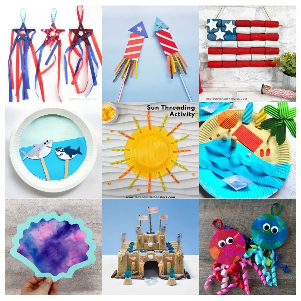 Collage of nine July crafts for kids to make. Projects include a flag, fireworks, sandcastle, sharks, the sun, a beach, jellyfish, and a seashell.