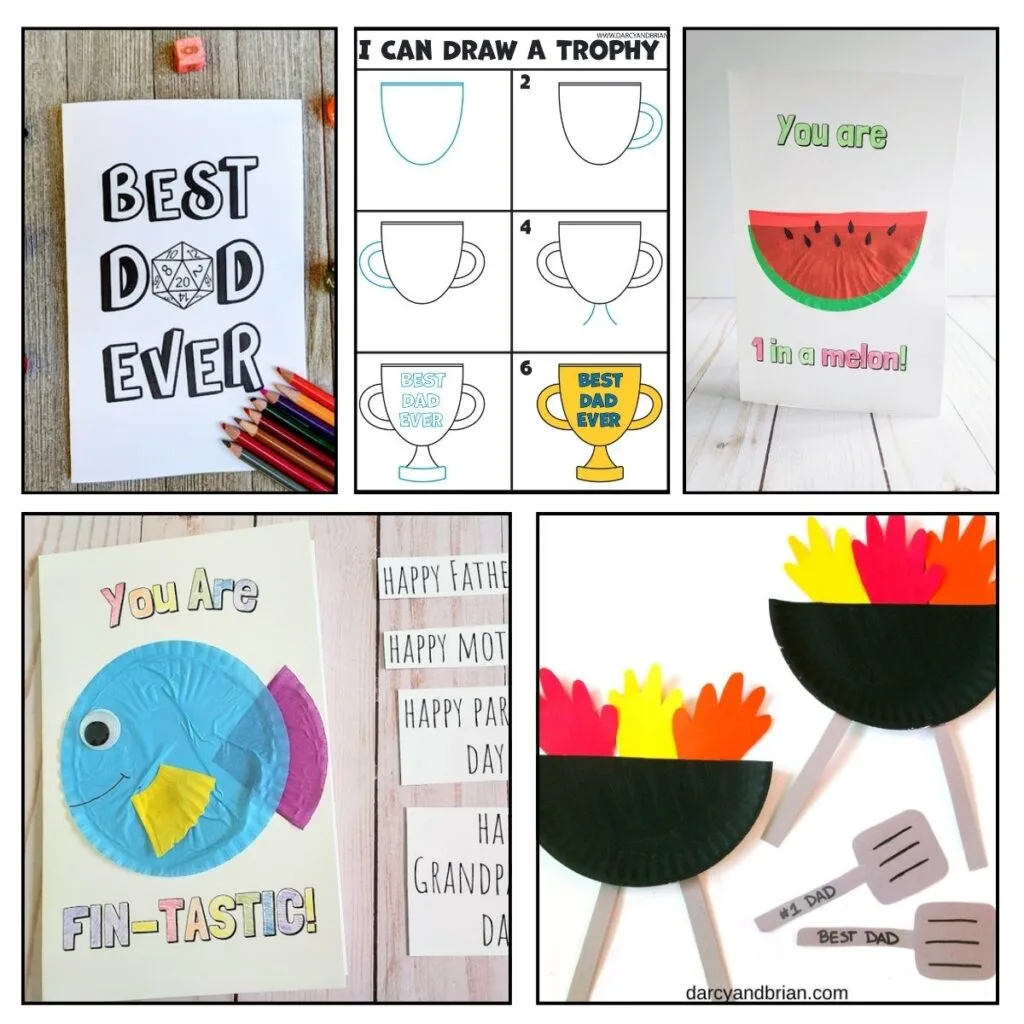 Square collage featuring a nerdy card for dad, a trophy drawing tutorial, a watermelon card craft, a fish card craft, and a grill craft.