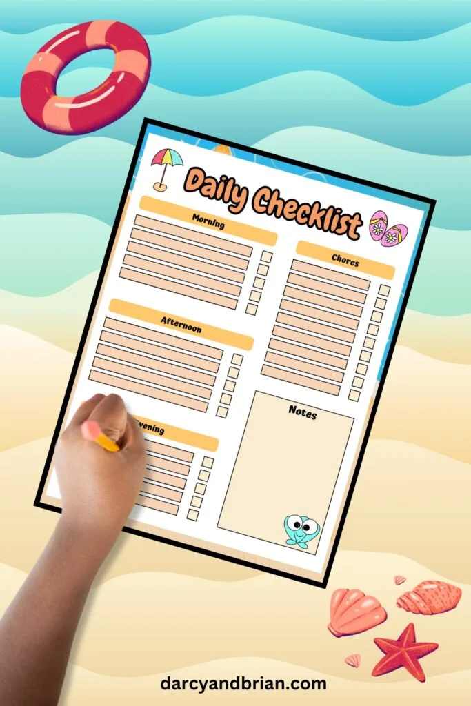 Child using pencil on evening section of daily checklist with beach design.
