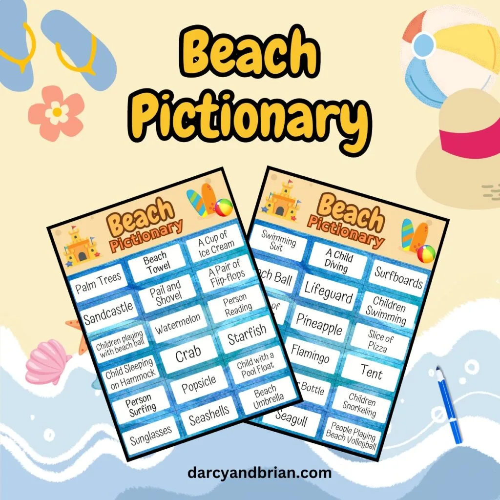 Top says Beach Pictionary in orange outlined with black on a beachy background. Two pages of Pictionary game cards overlapping each other next to a marker.