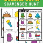 Top has text that says Free Printable Camping Scavenger Hunt on a green background. Preview of the full color scavenger hunt featuring various campsite items.