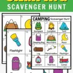 Top has text that says Free Printable Camping Scavenger Hunt on a green background. Preview of the full color scavenger hunt featuring various campsite items.