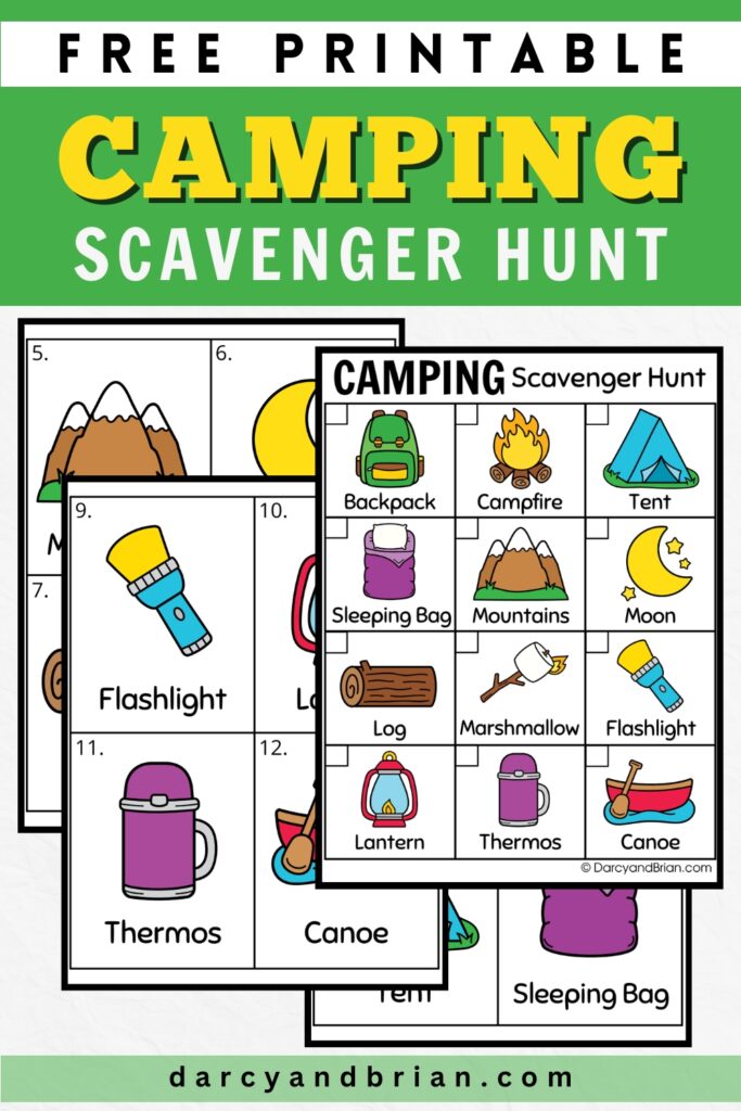Top has text that says Free Printable Camping Scavenger Hunt on a green background. Preview of the full color scavenger hunt featuring various campsite items.