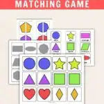 Black and white text on green and reddish orange background at the top says Free Printable Shape Matching Game. Preview of game cards is below that.
