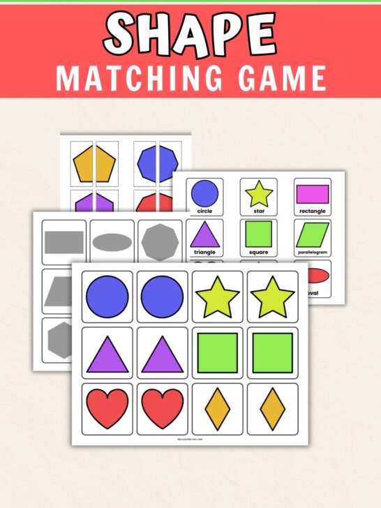 Black and white text on green and reddish orange background at the top says Free Printable Shape Matching Game. Preview of game cards is below that.