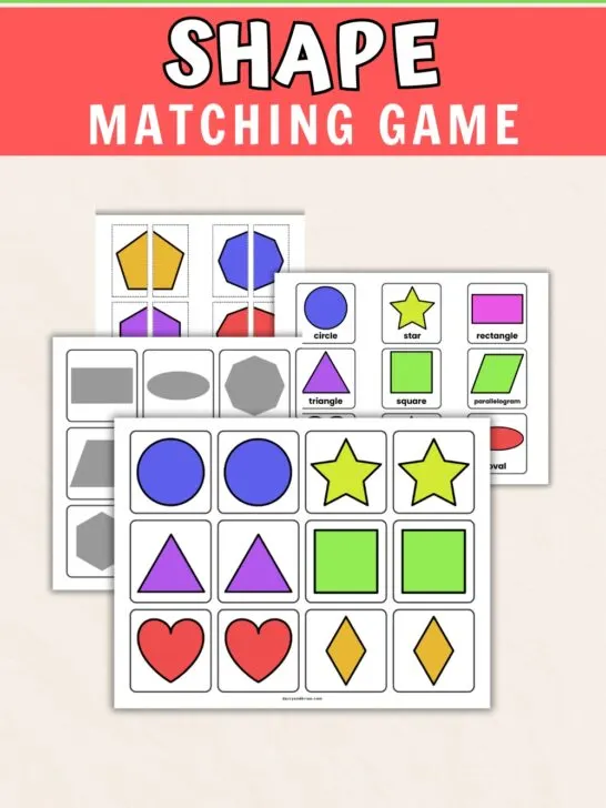 Black and white text on green and reddish orange background at the top says Free Printable Shape Matching Game. Preview of game cards is below that.