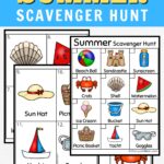 Text at top in black, yellow, and white says Free Printable Summer Scavenger Hunt on a white and light blue background. Preview of full color checklist of beach-themed items and cards of each object.