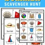 Text at top in black, yellow, and white says Free Printable Summer Scavenger Hunt on a white and light blue background. Preview of full color checklist of beach-themed items and cards of each object.