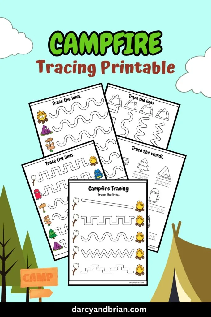 Preview of all five campfire line tracing and handwriting practice worksheets on a bright blue background with tent clipart.