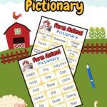 Two pages of farm themed drawing prompts overlapping on an illustrated background of a farmyard. Text at top says Farm Animals Pictionary.