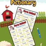 Two pages of farm themed drawing prompts overlapping on an illustrated background of a farmyard. Text at top says Farm Animals Pictionary.