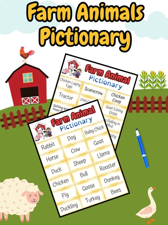 Two pages of farm themed drawing prompts overlapping on an illustrated background of a farmyard. Text at top says Farm Animals Pictionary.