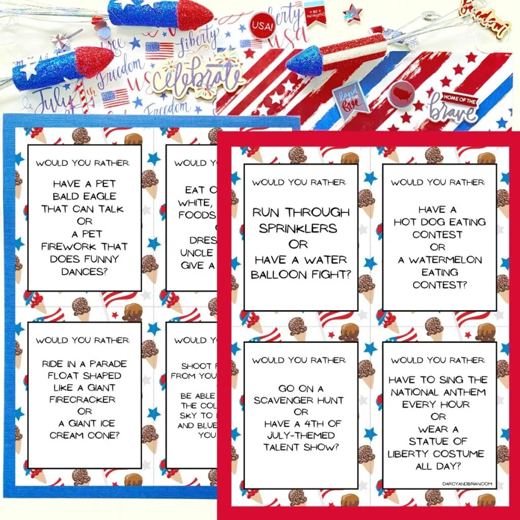 Two pages of this and that Indendence Day themed scenarios laying on red and blue paper with assorted 4th of July decorations scattered across the top.