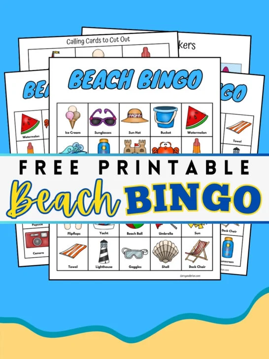 Mockup showing several bingo game cards with beach items on a blue background. Text across the middle says Free Printable Beach Bingo.