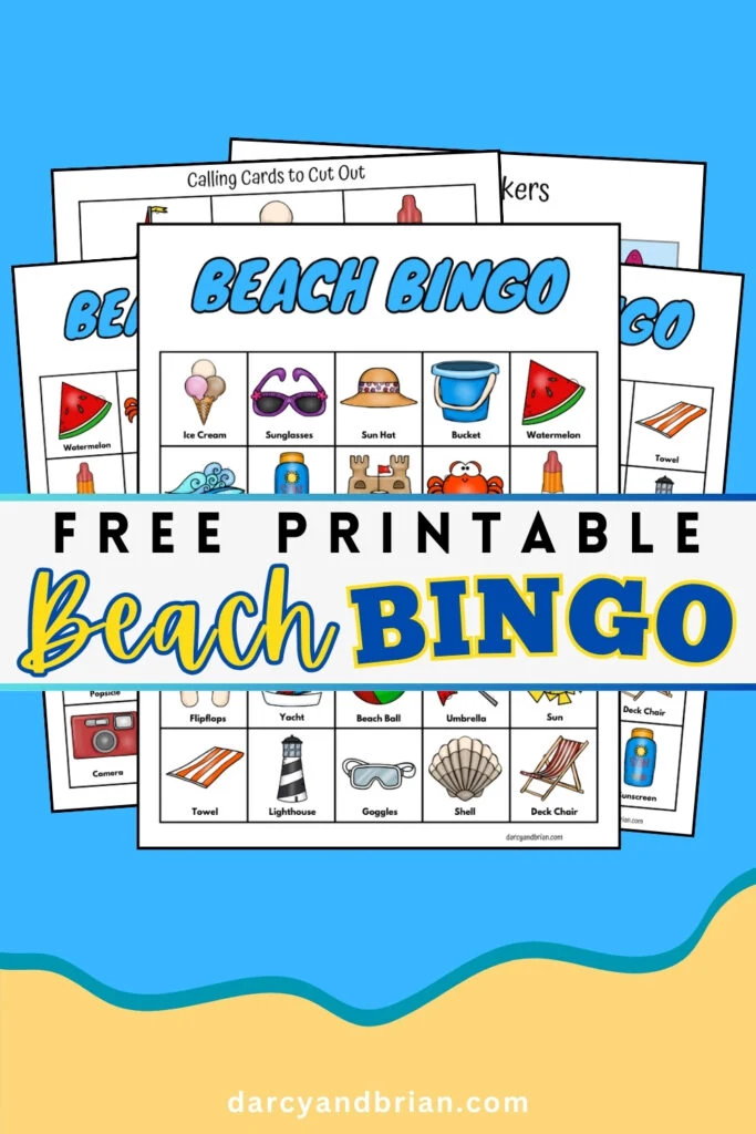 Mockup showing several bingo game cards with beach items on a blue background. Text across the middle says Free Printable Beach Bingo.