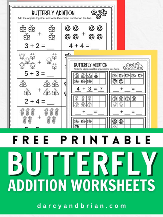 Mockup showing printable worksheets on a white background. Text at the bottom says Free Printable Butterfly Addition Worksheets.