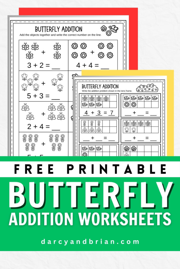 Mockup showing printable worksheets on a white background. Text at the bottom says Free Printable Butterfly Addition Worksheets.