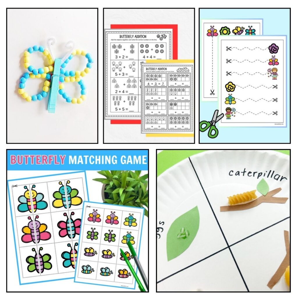 Collage with five different butterfly themed activities featured. Clothespin and bead craft, math worksheets, scissors practice, matching game, and a life cycle craft.