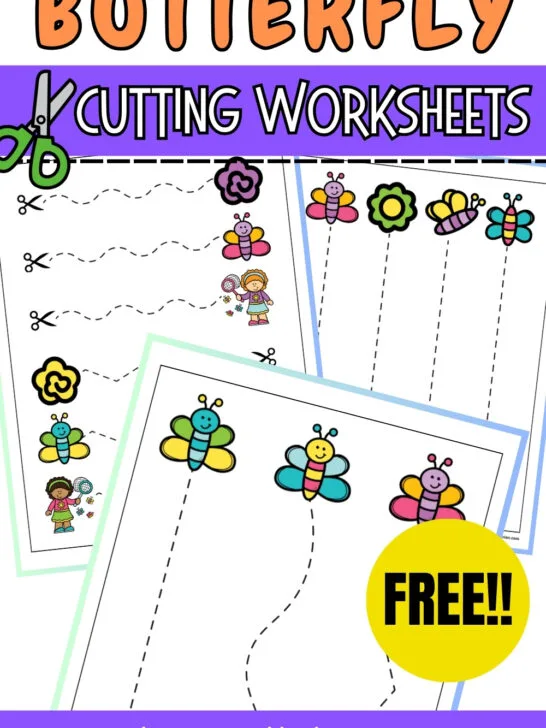 Mockup showing several butterfly cutting worksheets. Text at the top says Butterfly Cutting Worksheets.