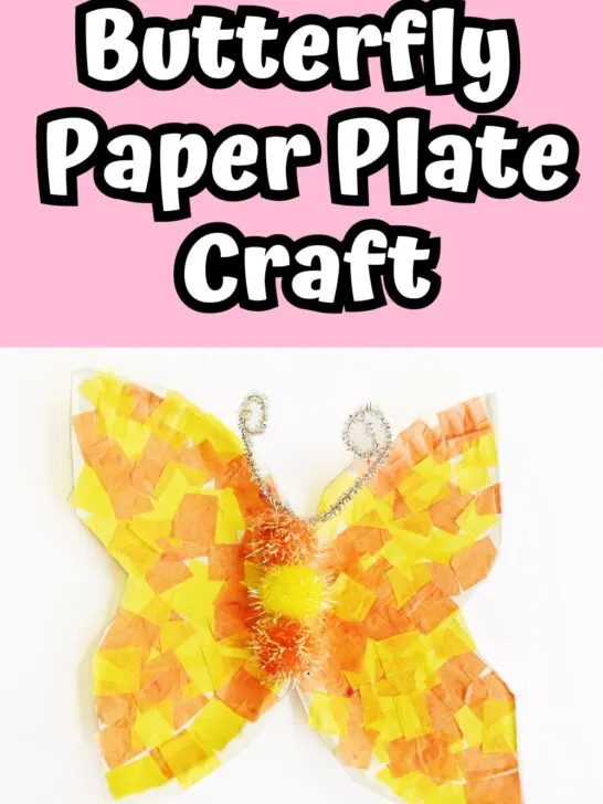 White text outlined with black on a light pink background at the top says Butterfly Paper Plate Craft. Below that is a photo of an orange and yellow butterfly craft made using a paper plate and tissue paper.