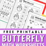 Preview of three math pages overlapping with time and visual equations with spring butterfly theme.
