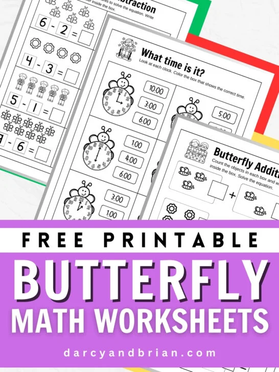 Preview of three math pages overlapping with time and visual equations with spring butterfly theme.