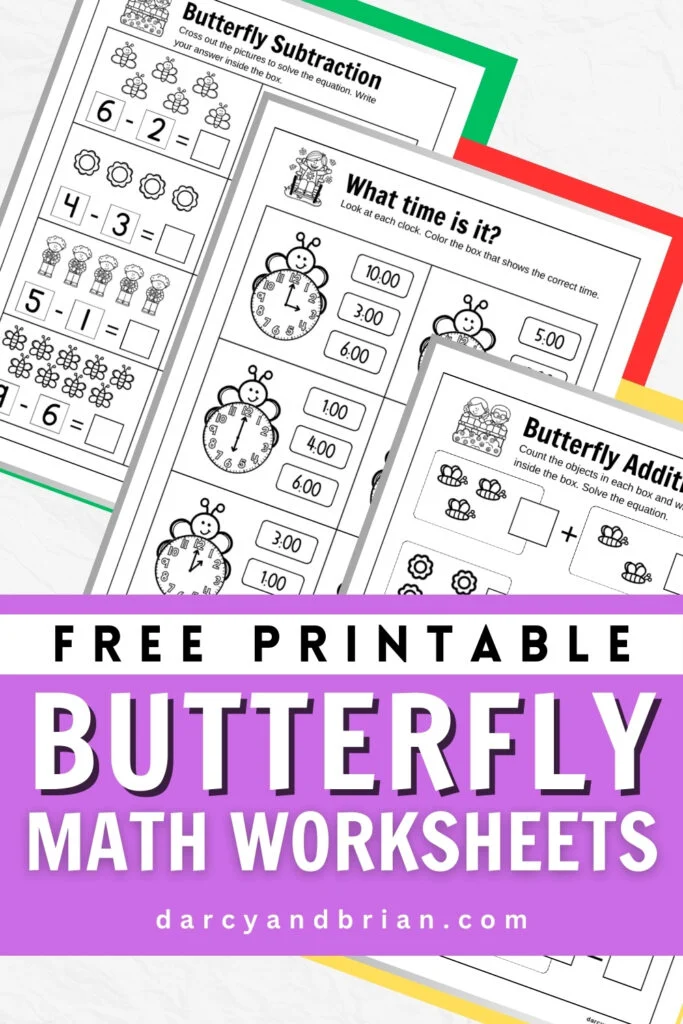 Preview of three math pages overlapping with time and visual equations with spring butterfly theme.