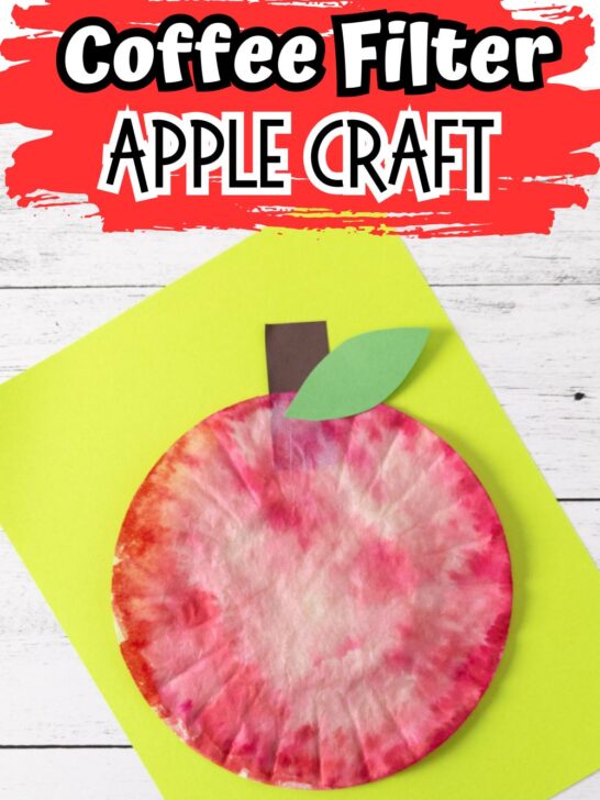 Text at top on red brush stroke background says Coffee Filter Apple Craft. The completed project is laying on top of bright yellow-green paper.