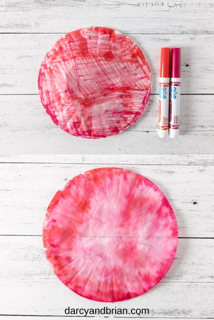 Top photo shows coffee filter paper colored with two different shades of red markers. Bottom photo shows how it looks after blending with water.