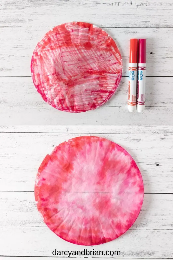 Top photo shows coffee filter paper colored with two different shades of red markers. Bottom photo shows how it looks after blending with water.