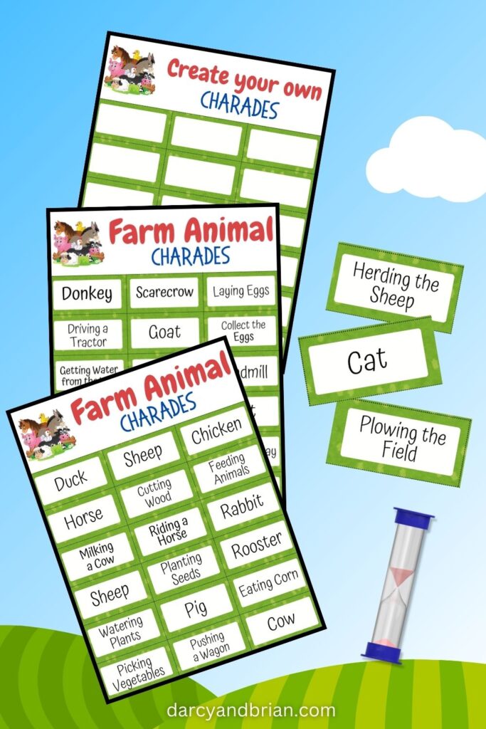 Two pages with animal-themed acting prompts and a blank cards to write on. Sand timer in lower corner by 3 individual cards that say herding the sheep, cat, and plowing the field.