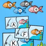 Text at top says Free Printable Fishing for Letters. Mockup of fish themed letter match puzzle cards on a blue background.